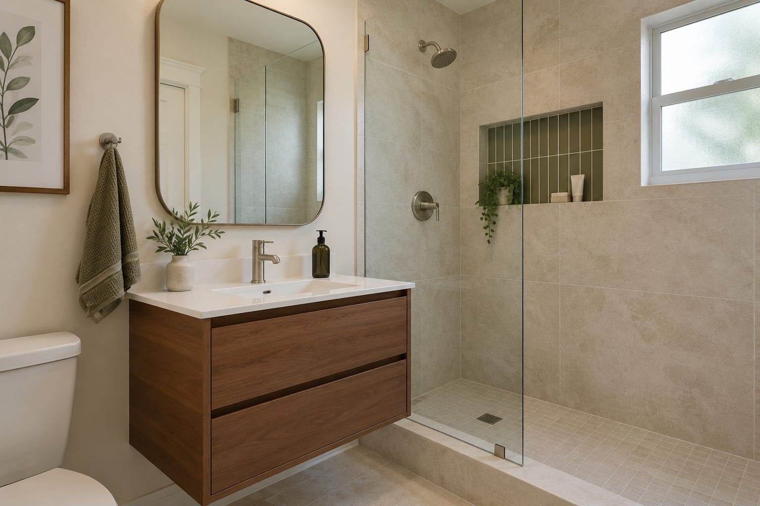 Bathroom remodel with a floating walnut vanity, curbless glass shower, large-format tile and a recessed shampoo niche