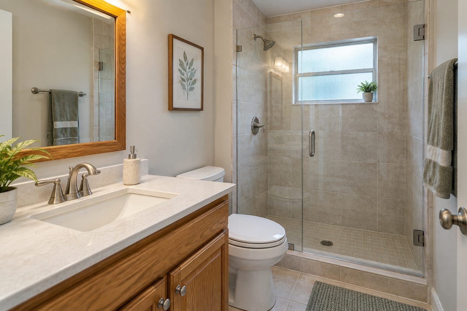 Orlando bathroom remodel with a frameless glass walk-in shower, tiled surround, wood vanity and cultured marble countertop