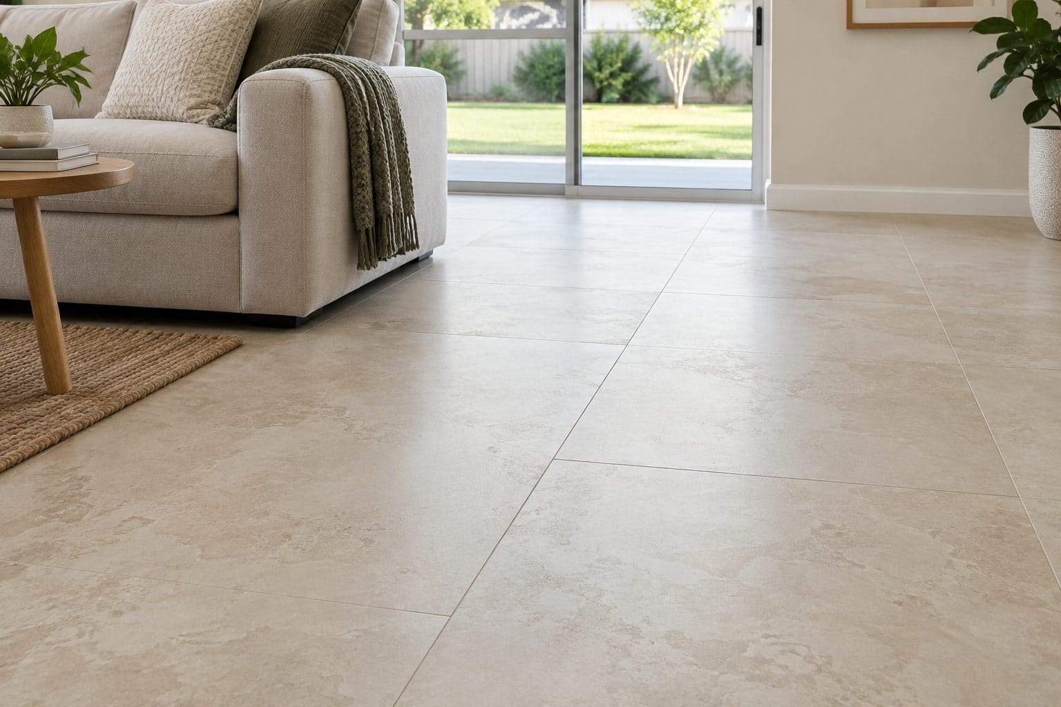 Large-format cream porcelain tile flooring laid with tight grout lines across an open living area