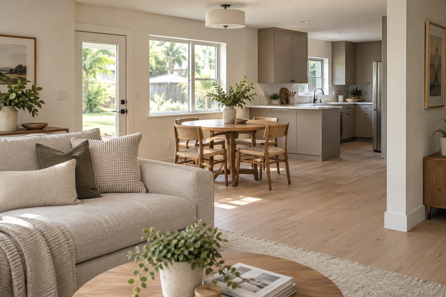 Open-plan renovation joining living, dining and kitchen with light plank flooring and a central island