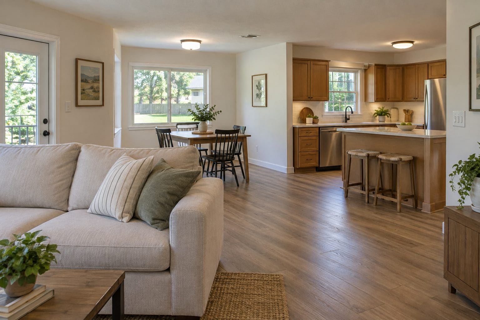Whole-home Orlando renovation with an open-concept living room flowing into a dining area and remodeled kitchen