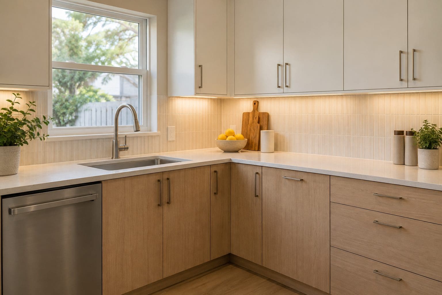 Kitchen remodel detail with white oak flat-panel cabinetry, waterfall quartz countertop, undermount sink and brushed brass faucet