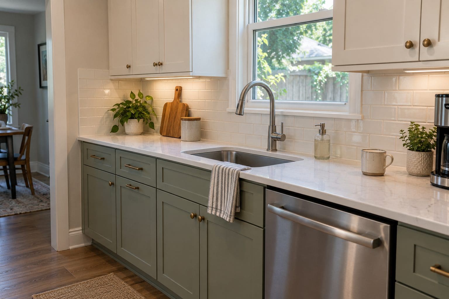 Orlando kitchen remodel with sage green shaker base cabinets, white uppers, quartz countertops, subway tile backsplash and a stainless dishwasher