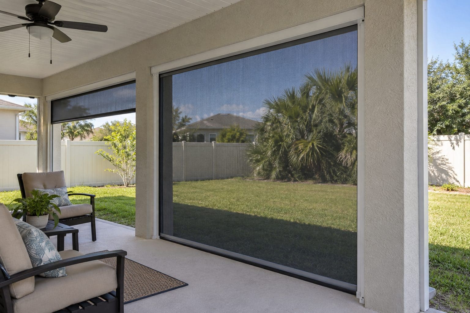 Motorized Magnatrack retractable screen lowered across an Orlando covered lanai opening onto the back garden