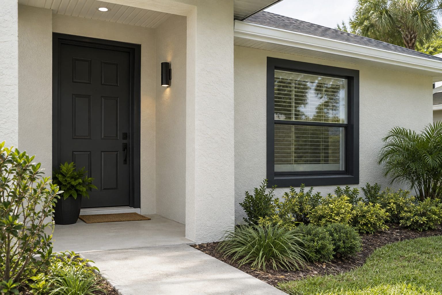 Exterior painting detail showing a black front door, dark window trim and clean stucco edges against fresh landscaping