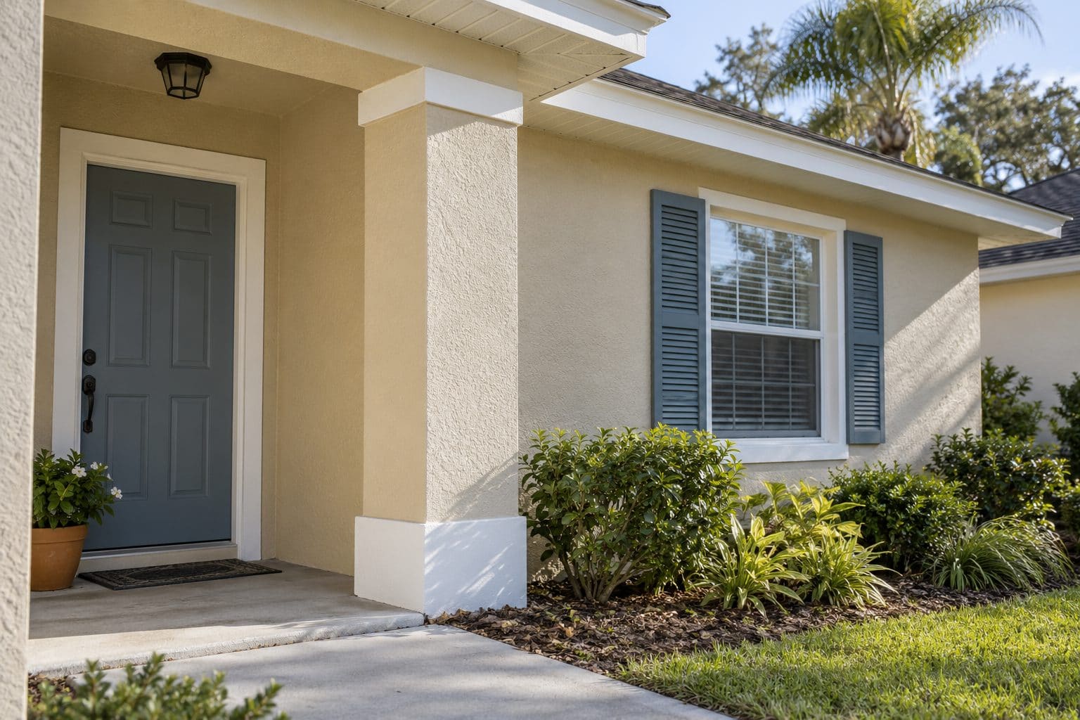 Freshly painted Orlando home exterior with cream stucco, crisp white trim, blue front door and matching window shutters
