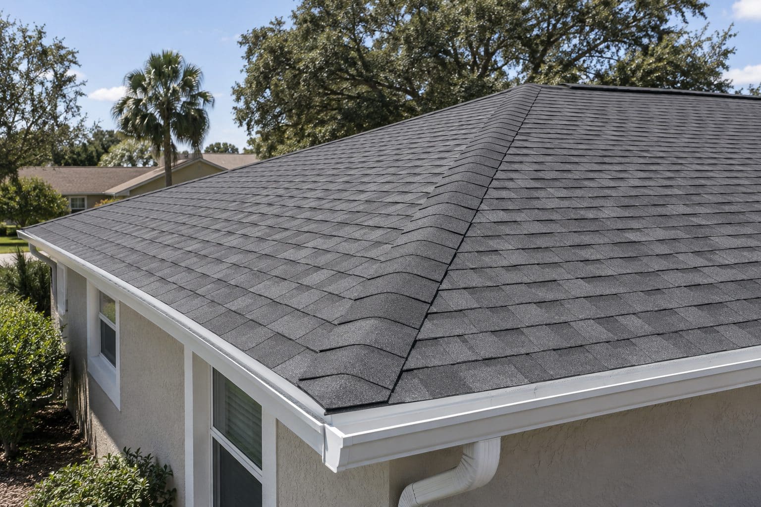 Newly installed architectural shingle hip roof with fresh seamless gutter on a Central Florida home
